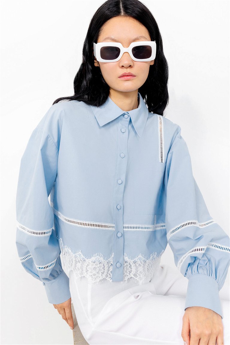 GIZIA - Blue Shirt With Ribbon Accessories And Lace
