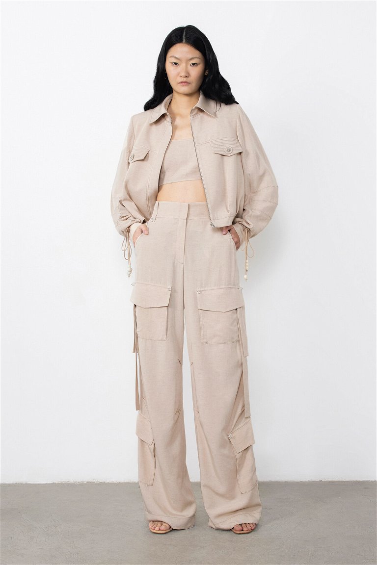 GIZIA - Beige Trousers With Cargo Pockets and Processing Detail