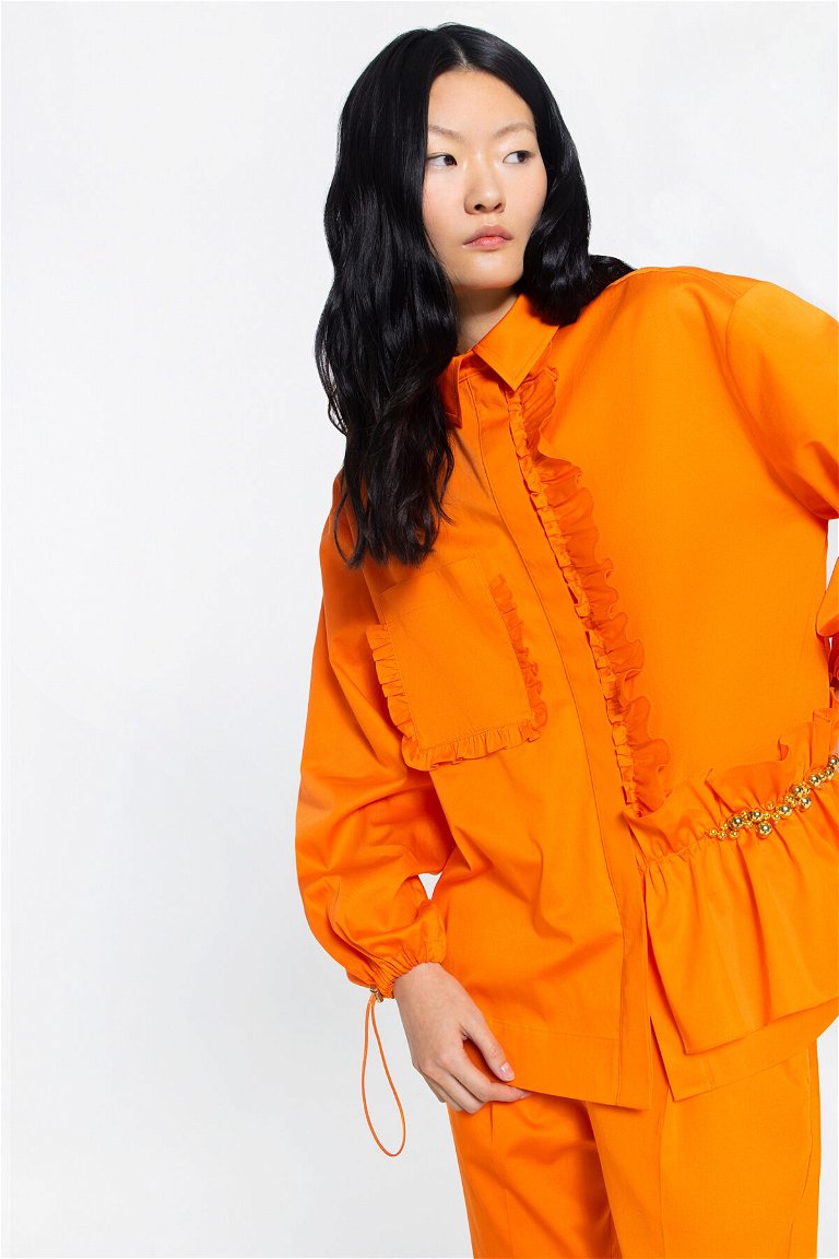 GIZIA SPORT - Asymmetric Embroidered Orange Shirt With Ruffle Detail