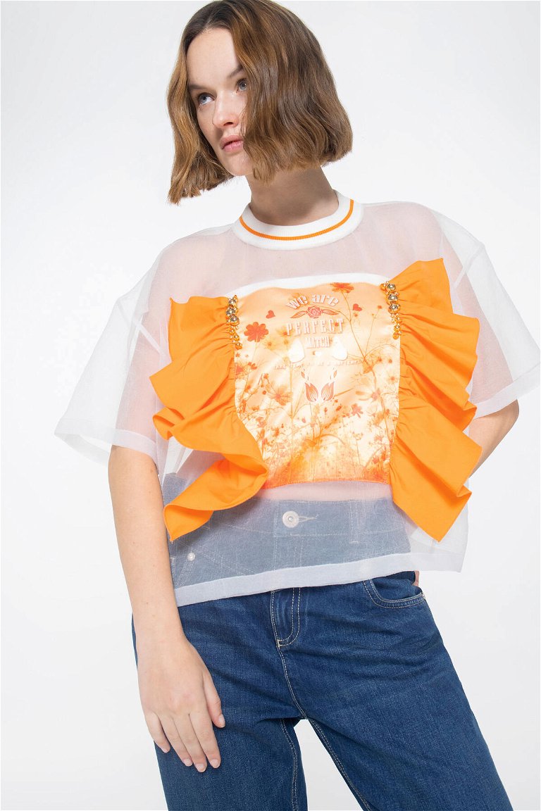 GIZIA SPORT - Knitted Collar See-through Ecru Tshirt 