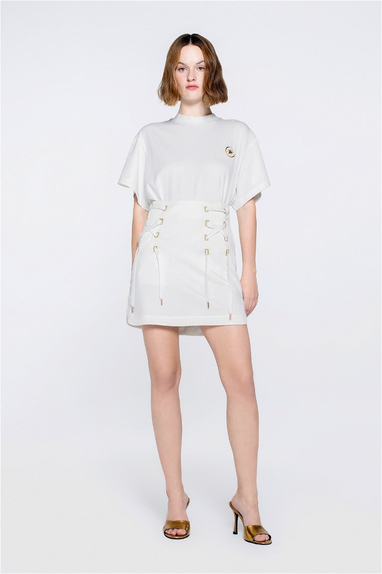 GIZIA SPORT - Ecru Skirt with Gold Silvery Buttonhole Detail 