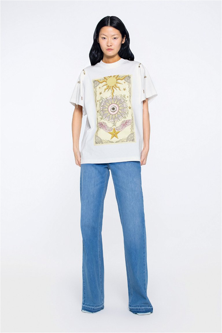 GIZIA SPORT - Tarot Pattern Printed Shoulder Lace Detail Embroidered Ecru Tshirt