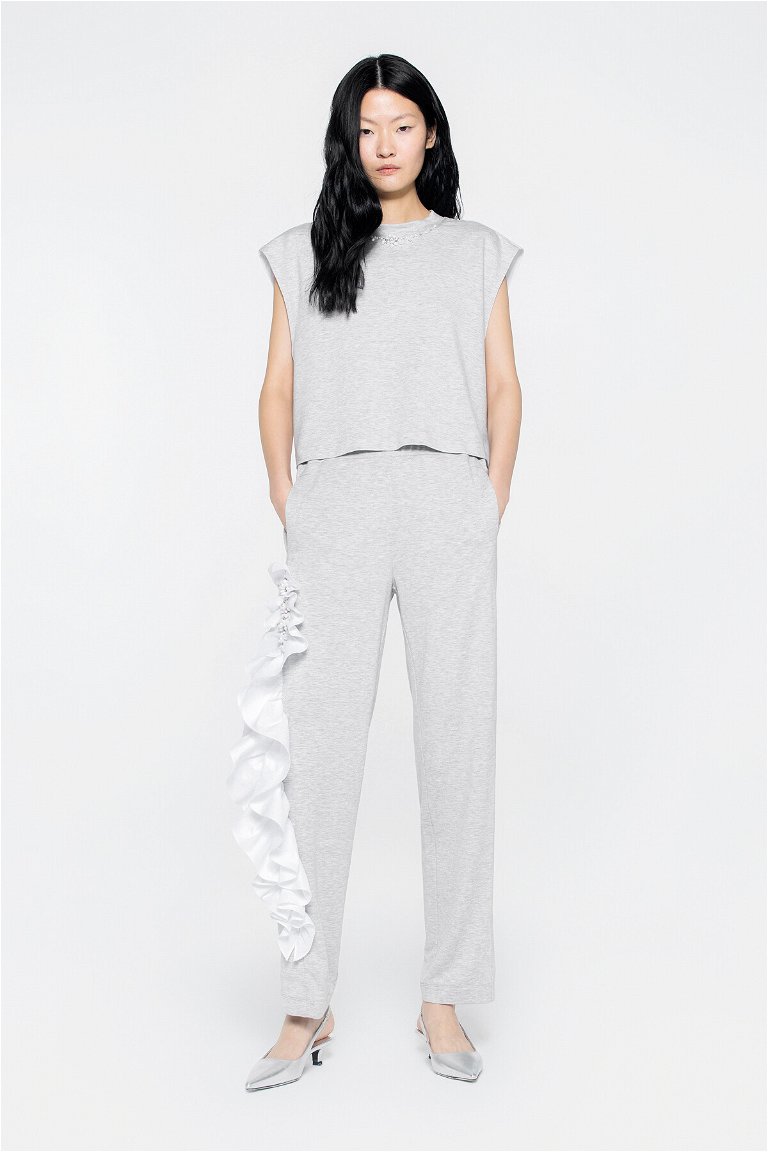 GIZIA SPORT - Grey Tracksuit With Side Seam Ruffle Detail Ruffle Top Embroidered Waist Elastic 