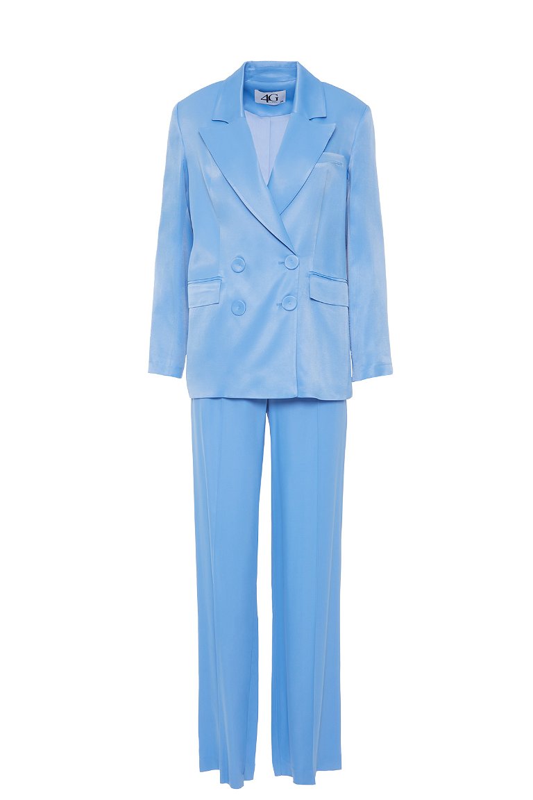 4G CLASSIC - Kruvaze Kapamalı Blazer Ceketli Parlak Saten Kumaş Mavi Takım Elbise