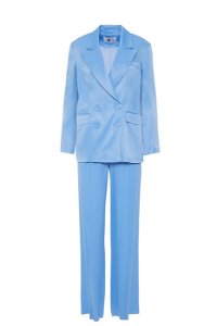 4G CLASSIC - Kruvaze Kapamalı Blazer Ceketli Parlak Saten Kumaş Mavi Takım Elbise