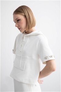 KIWE - Ecru Tracksuit with Hooded Lace-up Baggy Cut Short Sleeves and Stone Detail
