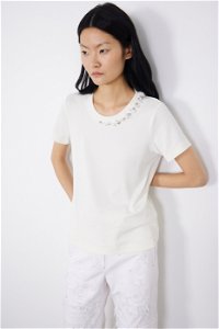GIZIA - Ecru Tshirt with Embroidered Collar
