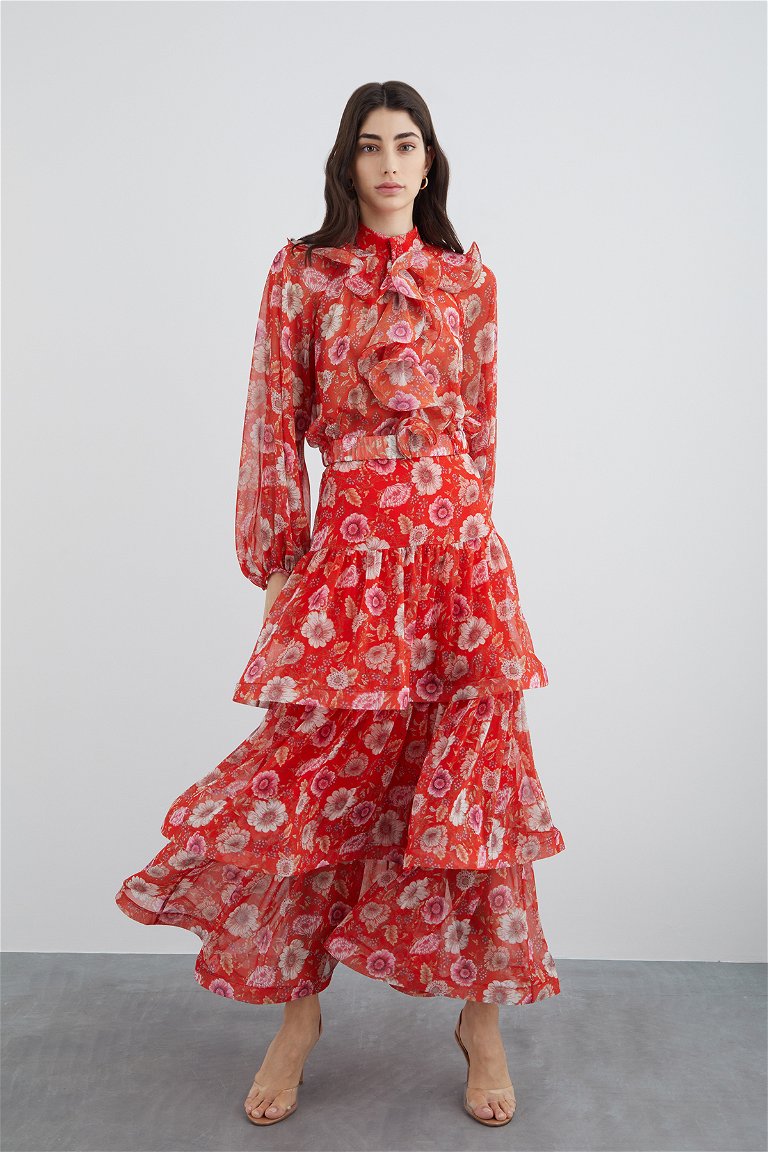 GIZIA - Floral Chiffon Red Skirt With Ruffled Flywheel