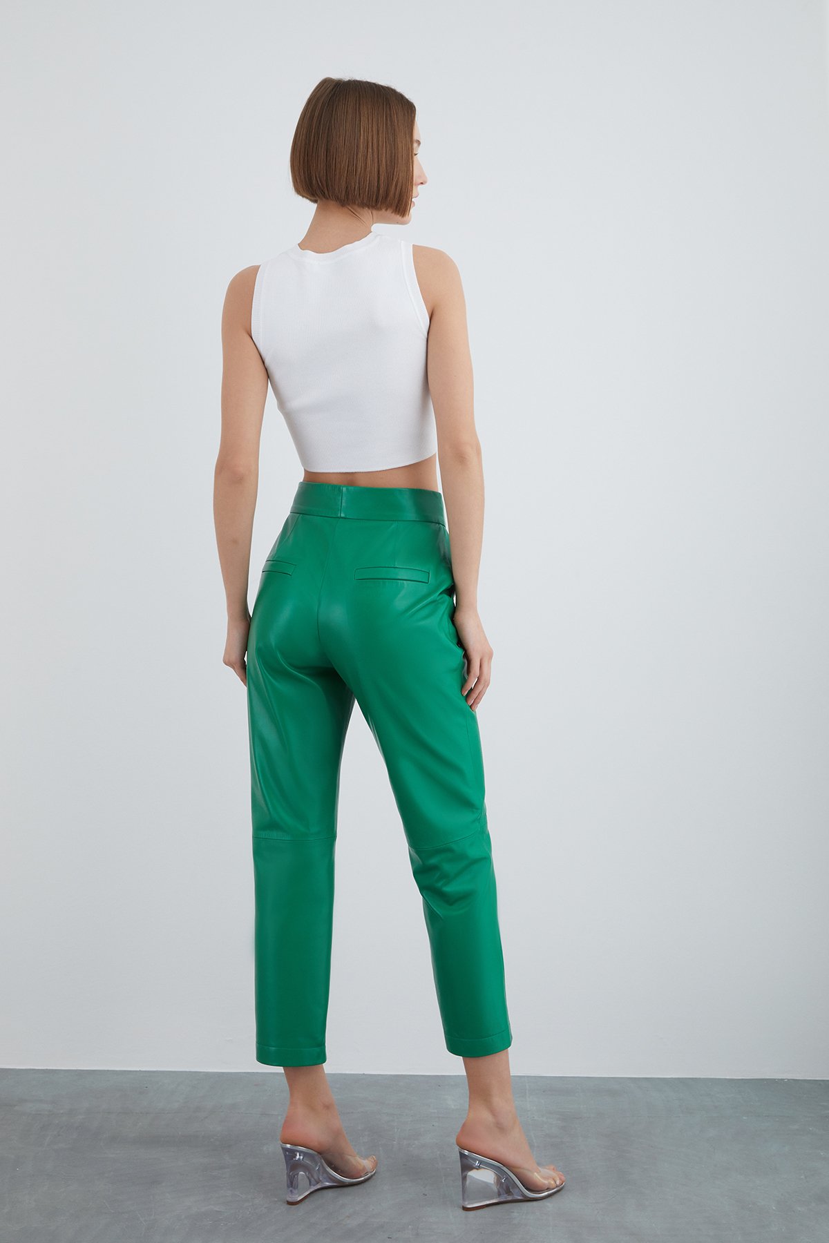 Green Leather Trousers With Front Stitching Detail - Gizia