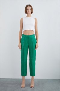 GIZIA - Önden Dikiş Detaylı Yeşil Deri Pantolon