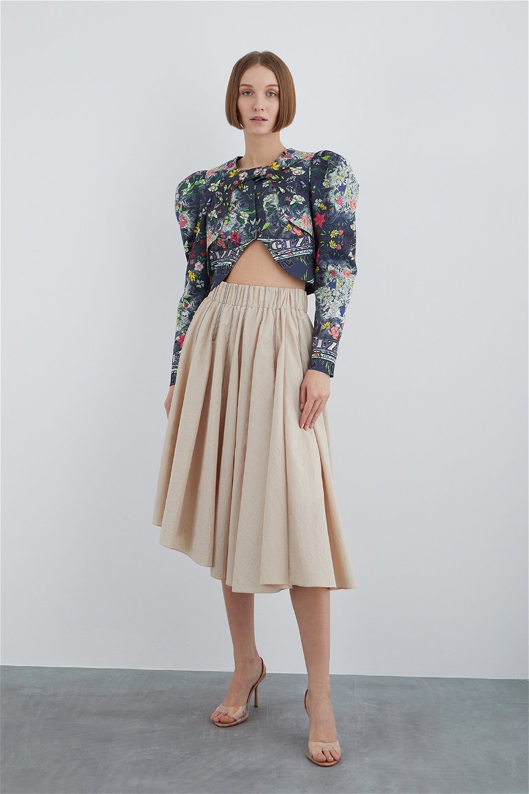 GIZIA - Asymmetric Contrasting Stitch Detailed Skirt With Elastic Waist