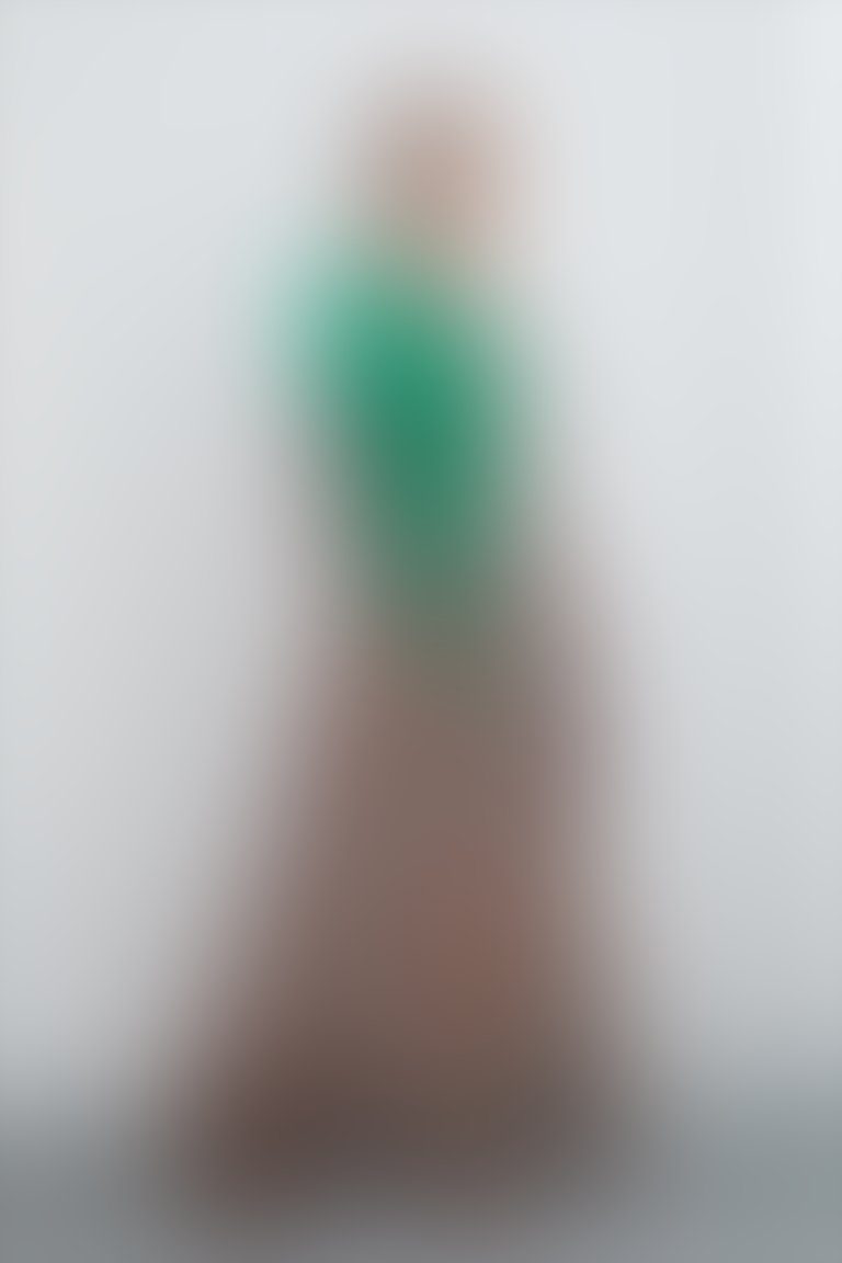 V Yaka Omuzda Yeşil Pilise Detaylı Uzun Çok Renkli Elbise