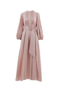 GIZIA - Yakası İşlemeli Kuşaklı Uzun Pembe Kloş Elbise