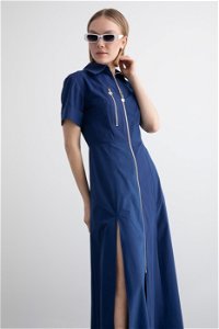 KIWE - Cotton Maxi Dress with Gold Zipper Detail, Slit, and Short Sleeves with Shirt Collar