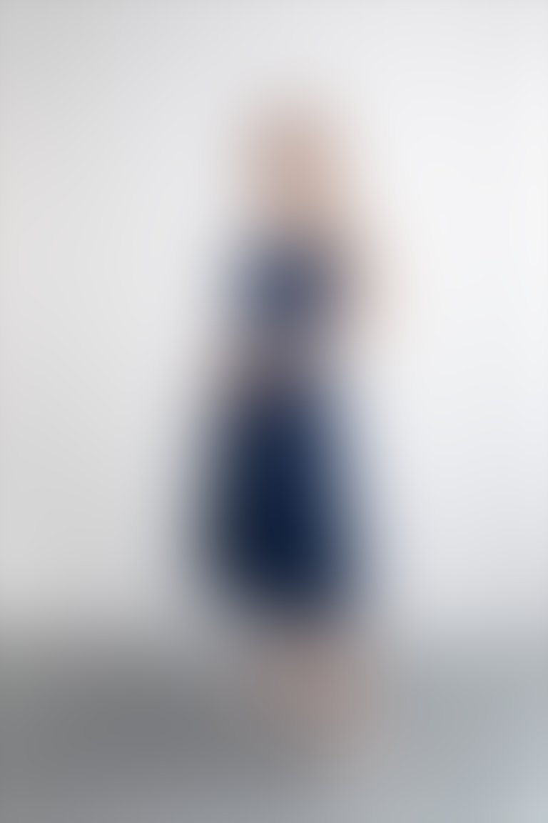 Kemerli Korse Görünümlü Kloş Etekli Midi Boy Lacivert Pamuk Elbise