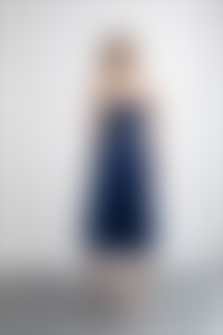 Kemerli Korse Görünümlü Kloş Etekli Midi Boy Lacivert Pamuk Elbise