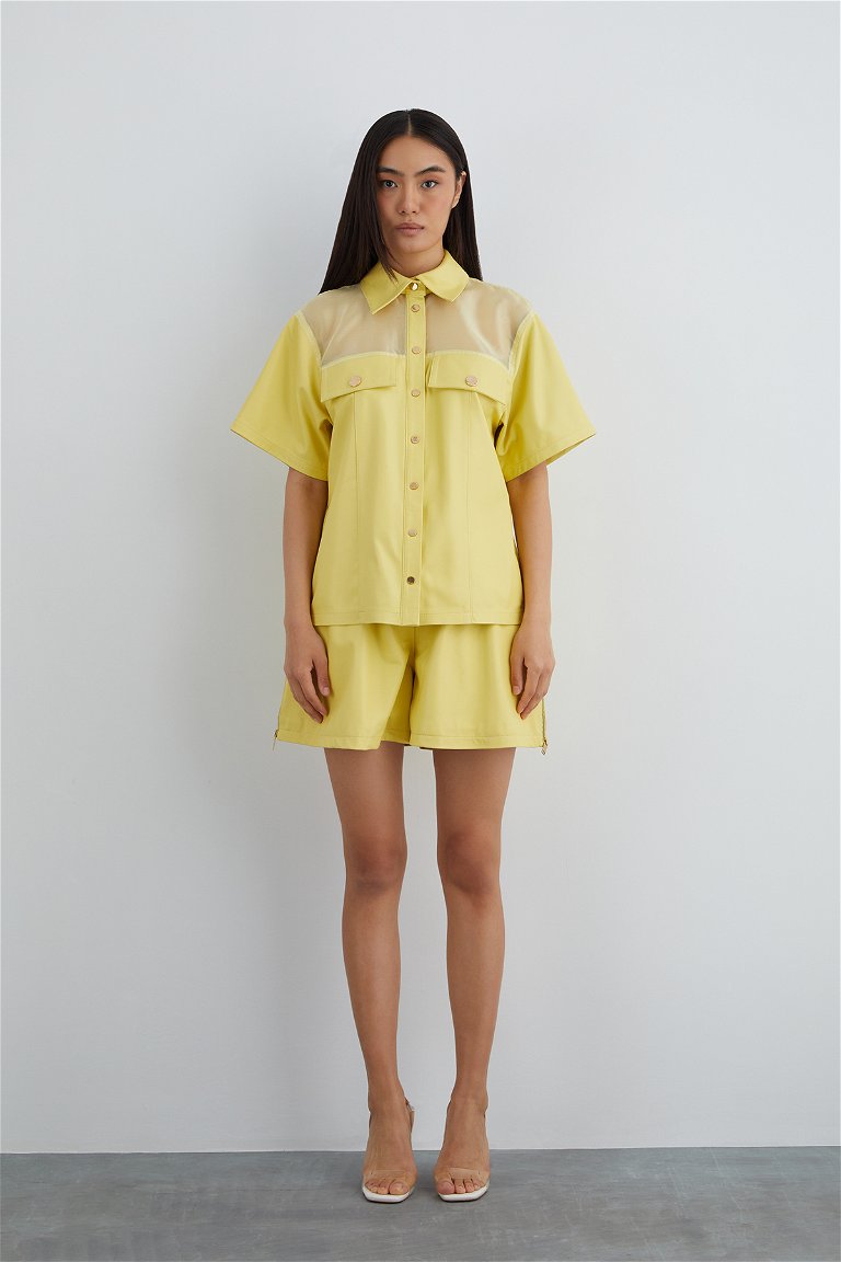GIZIA - Yellow Leather Shirt With Transparent Organza Detail