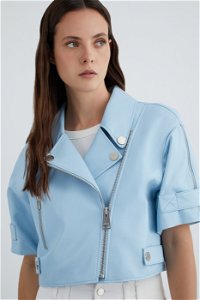 GIZIA - Blue Leather Jacket With Sleeve Zipper Detail