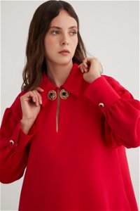 GIZIA - Gold Düğme Detaylı Etek Ucu Fırfırlı Kısa Kırmızı Elbise