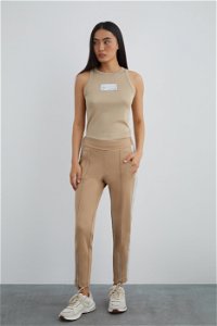 GIZIA SPORT - Back Size Tag Detailed Beige Pants with Side Sim Stripe
