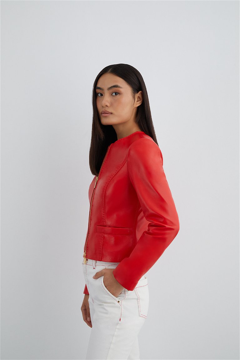 GIZIA - Red Leather Jacket With Slits On The Back and Double Zipper Detail