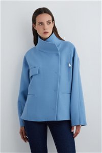 GIZIA - Asymmetric Model Stand-Up Collar Short Blue Coat