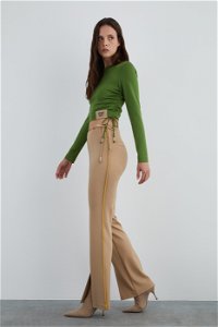 GIZIA SPORT - Beige Flare Pants with Front Slits and Belt Detail