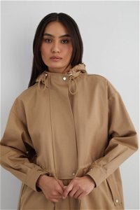 GIZIA - Hem Drawstring Hooded Long Brown Trench Coat