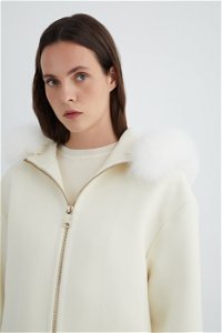 GIZIA - Hooded Fur Trimmed Box Form Ecru Short Coat