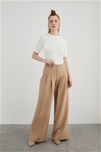 KIWE - Bel Detaylı Pileli Duble Paçalı Kahverengi Geniş Pantolon