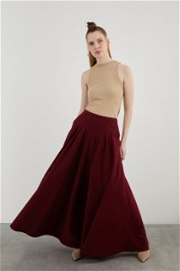 KIWE - High-Waisted Wide Pleated Side Pocket Long Red Skirt