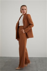 GIZIA CLASSIC - Yüksek Bel Bol Paça Pantolonlu Kahverengi Kadın Takım Elbise