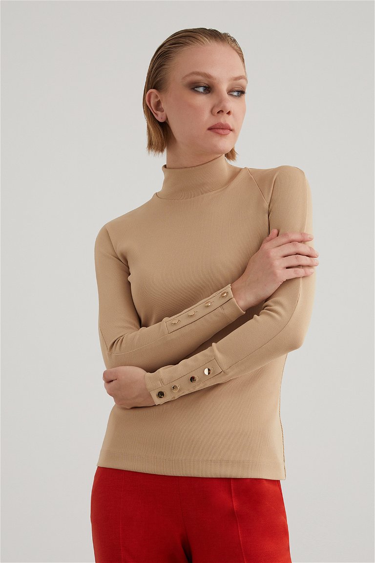 GIZIA CLASSIC - Brown Knit Blouse with Slim Fit Fisherman Collar