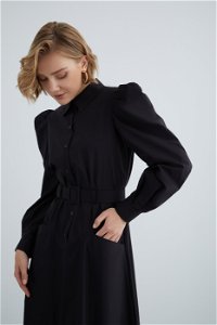 KIWE - Kemer Detaylı Cepli Uzun Siyah Elbise