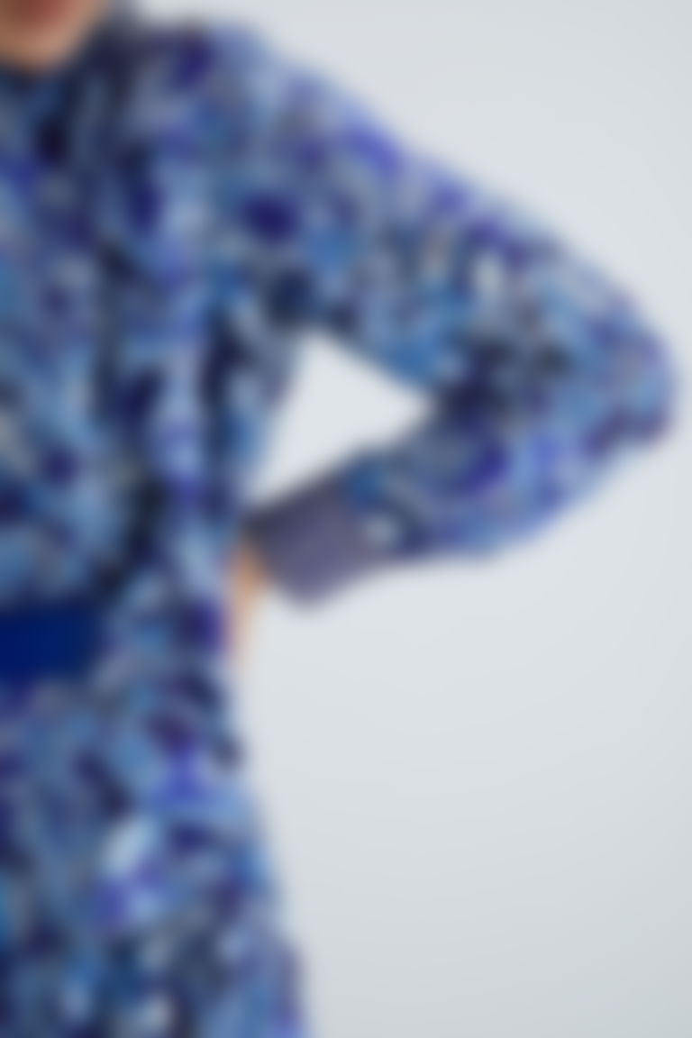 Kontrast Çiçek Desenli Volanlı Deri Kemerli Lacivert Midi Elbise