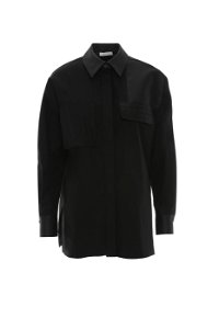 GIZIA - Pocket Flap Nerve Detail Long Black Poplin Shirt
