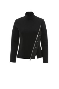GIZIA SPORT - Embellished Button Detail Stand-Up Collar Black Scuba Blouse
