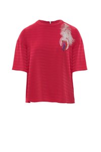 GIZIA - Fluffy Embroidery Detail Pink Basic T-Shirt