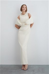 GIZIA - Embroidery Detail Low Sleeve Beige Long Elegant Dress