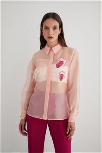 GIZIA - Embroidered Appliqué-Detailed Organza Pink Blouse