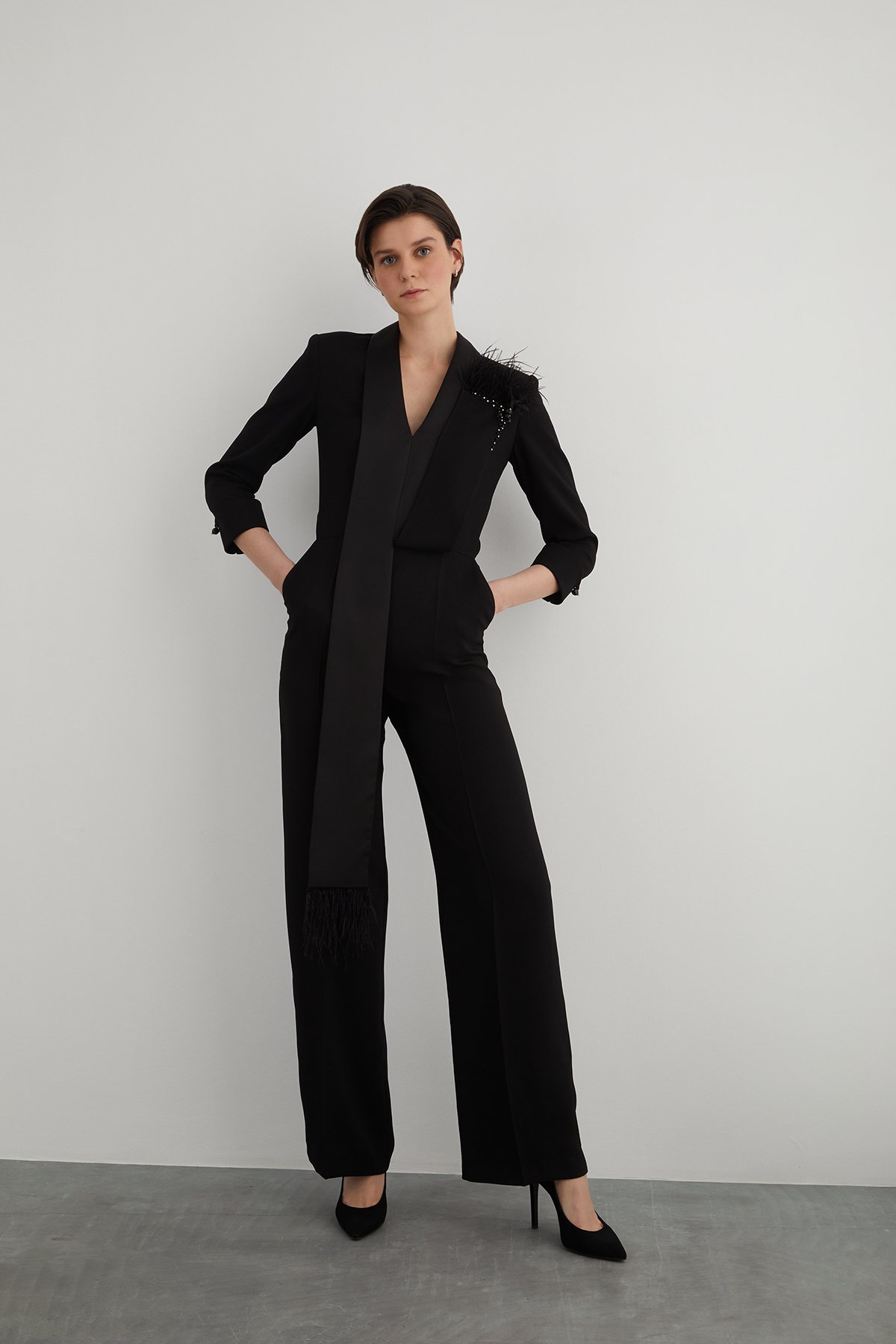 Feather and Stone-Detailed Black Jumpsuit - Gizia