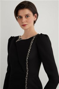 GIZIA - Black Long Evening Dress with Ruched Cuffs and Embroidery Detail