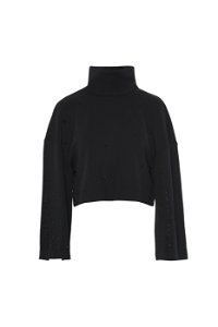 GIZIA - Turtleneck Wide Sleeve Stone Embroidered Black Blouse