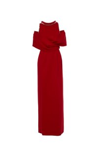 GIZIA - İşleme Detaylı Düşük Kol Uzun Şık Kırmızı Abiye Elbise