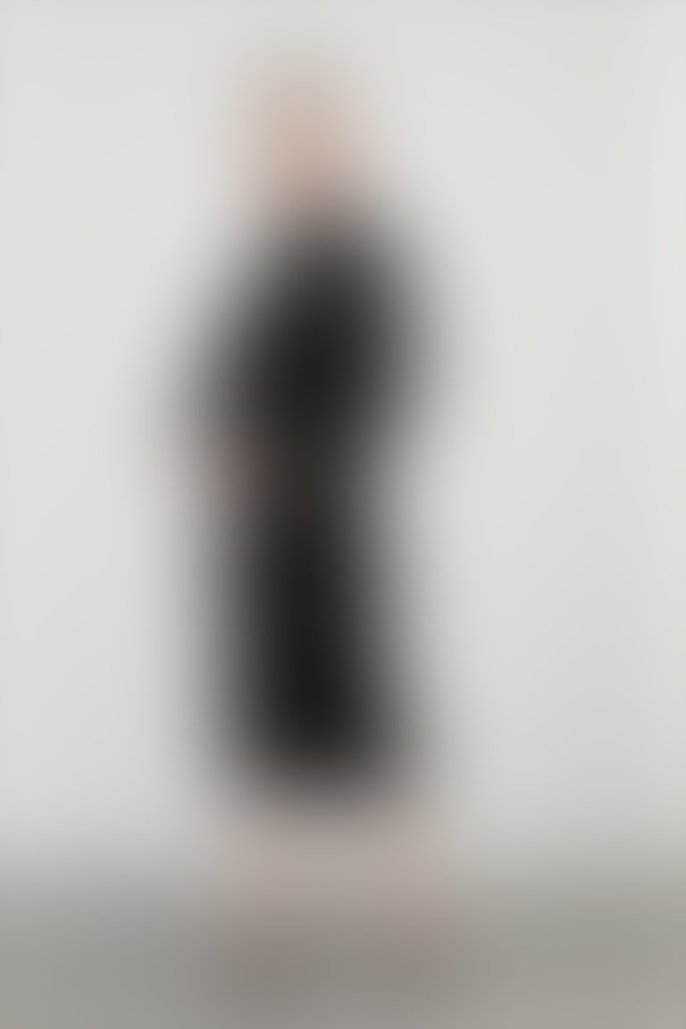 V Yaka Midi Boy Kalem Formunda Örme Siyah Elbise Takım