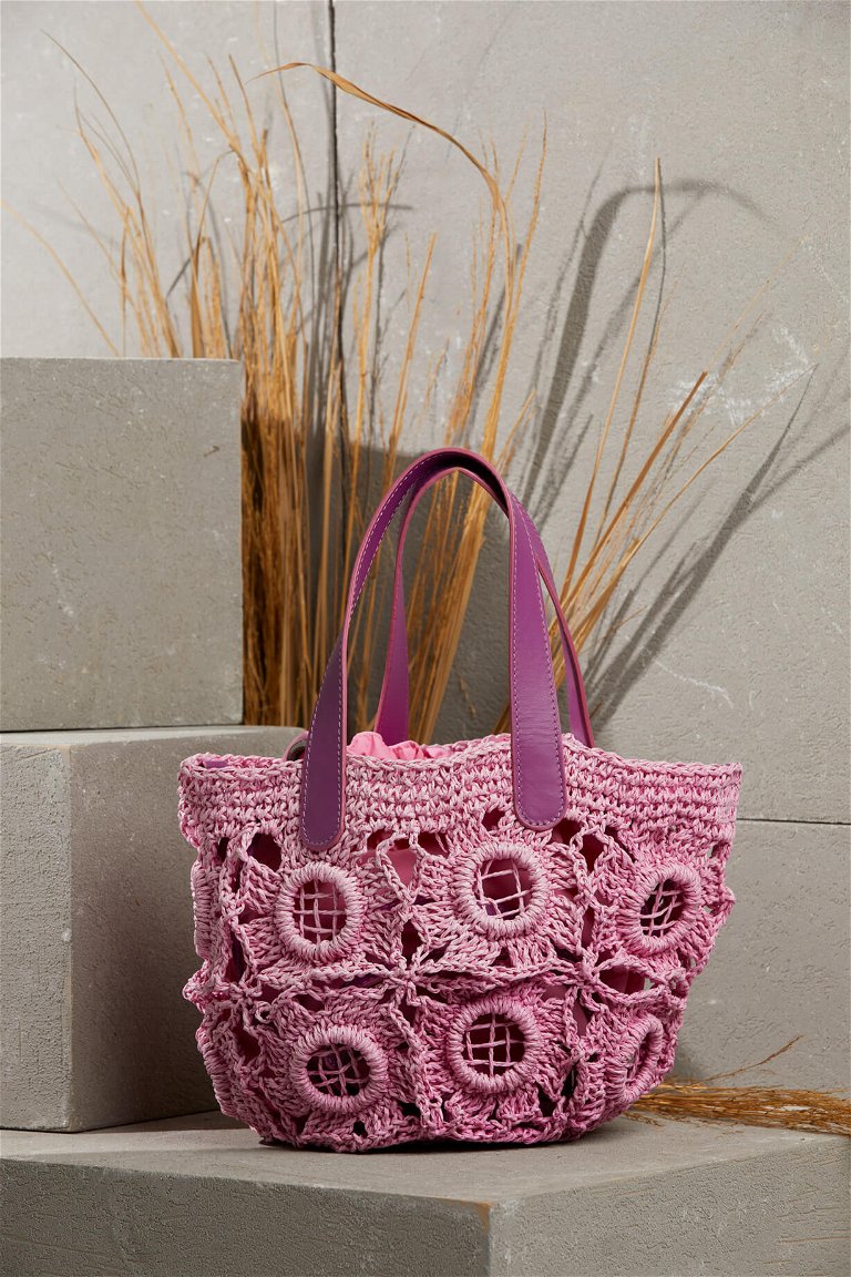 GIZIA - Pink Mesh Bag With Leather Handle With Mobile Bag inside