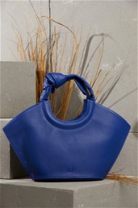 GIZIA - Lacing Detailed Blue Leather Clutch Bag