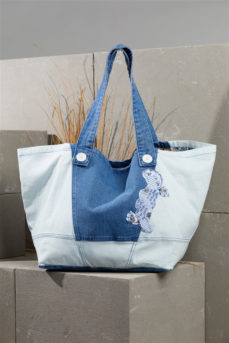 GIZIA - Blue Jean Bag With White Buttons With White Jean Detail Embroidery