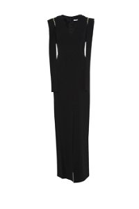 GIZIA - Long Black Dress with Shoulder Embroidery and Front Slit
