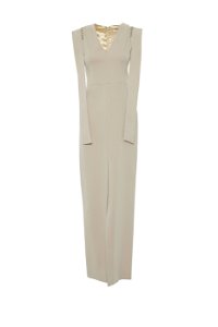 GIZIA - Long Beige Dress with Shoulder Embroidery and Front Slit